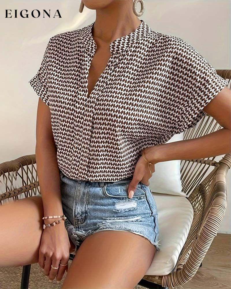 Houndstooth print v-neck elegant short sleeve top blouses & shirts summer