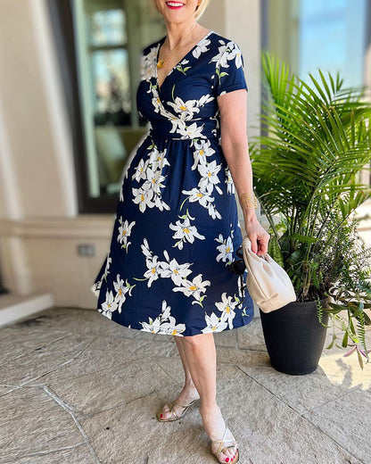 Elegant floral print short sleeve dress casual dresses summer