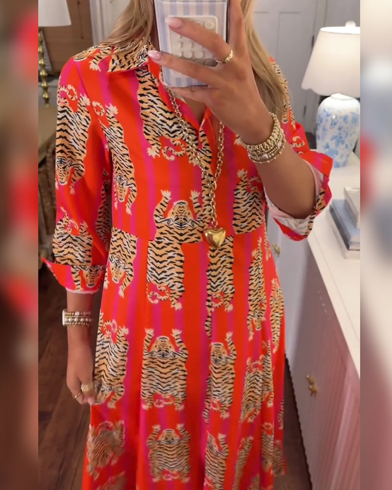 Long Sleeve Lapel Printed Maxi Dress