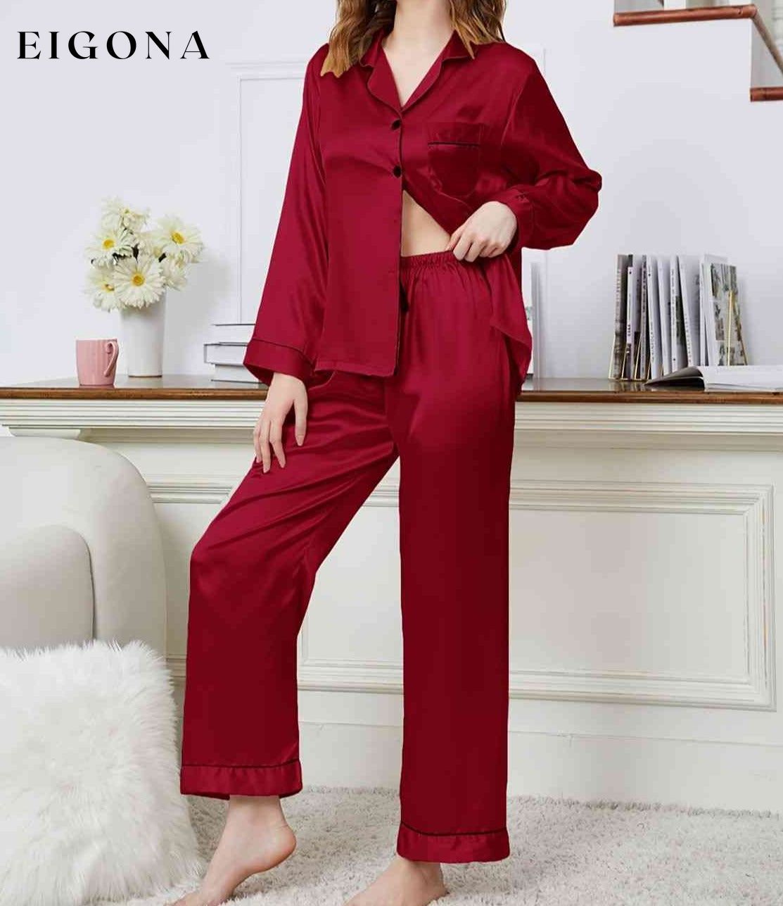 Lapel Collar Long Sleeve Top and Pants Pajama Set clothes Daniel.L lounge wear loungewear pajamas Ship From Overseas