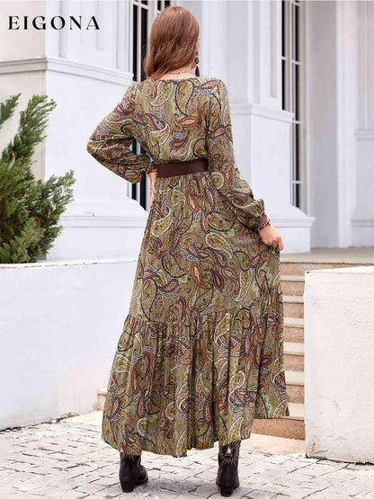Printed Tie Neck Ruffle Hem Long Sleeve Dress clothes H.R.Z Ship From Overseas