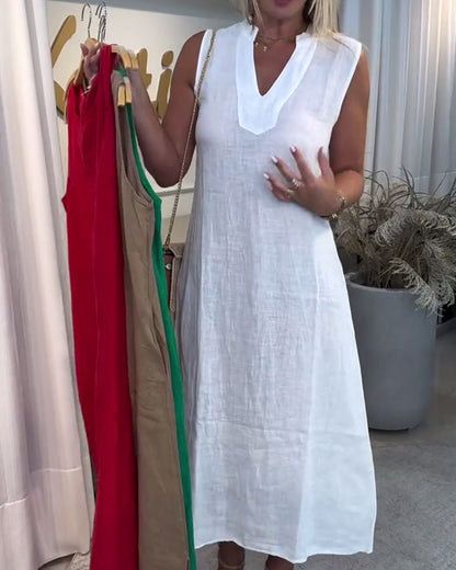 Ärmelloses Kleid aus französischer Baumwolle und Leinen mit V-Ausschnitt