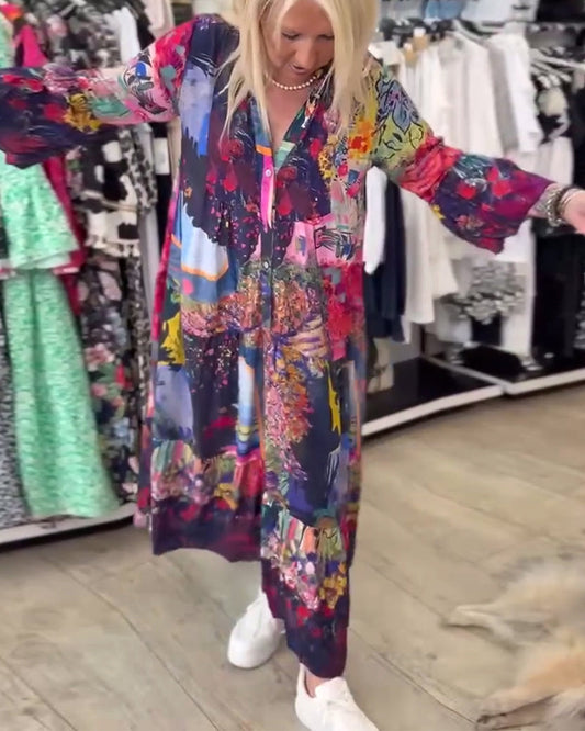 Swing-Kleid mit Trompetenärmeln und lockerem Print