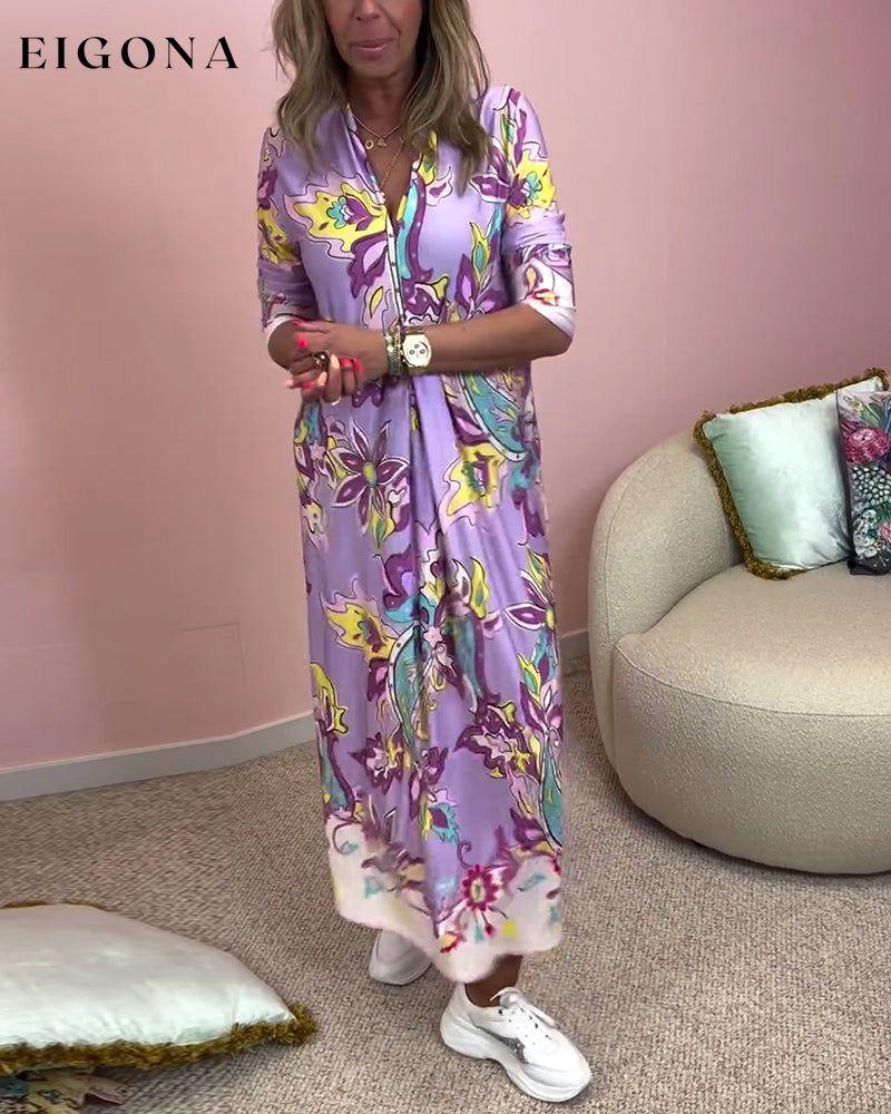 Printed v-neck long-sleeve long dress casual dresses Spring Summer