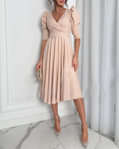 V-Neck Puff Sleeve Waist Dress 2024 f/w casual dresses