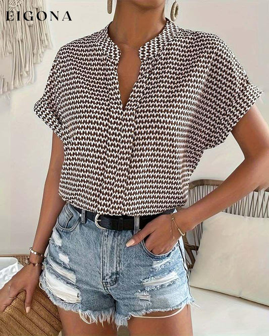 Houndstooth print v-neck elegant short sleeve top blouses & shirts summer