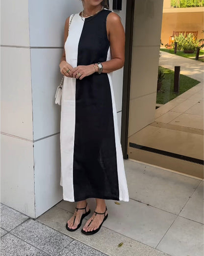 Ärmelloses Colorblock-Kleid aus Baumwolle und Leinen