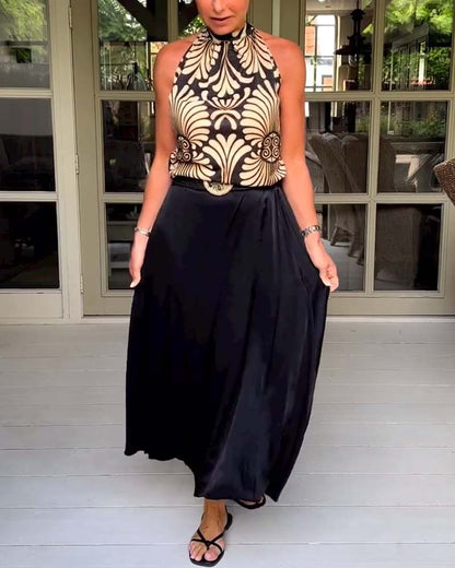 Printed halter neck sleeveless vest solid color skirt retro suit summer two-piece sets