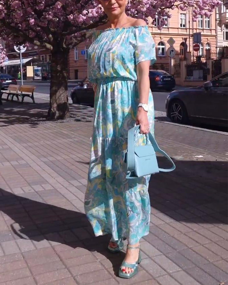 Short-sleeved round neck printed waist casual long dress casual dresses spring summer