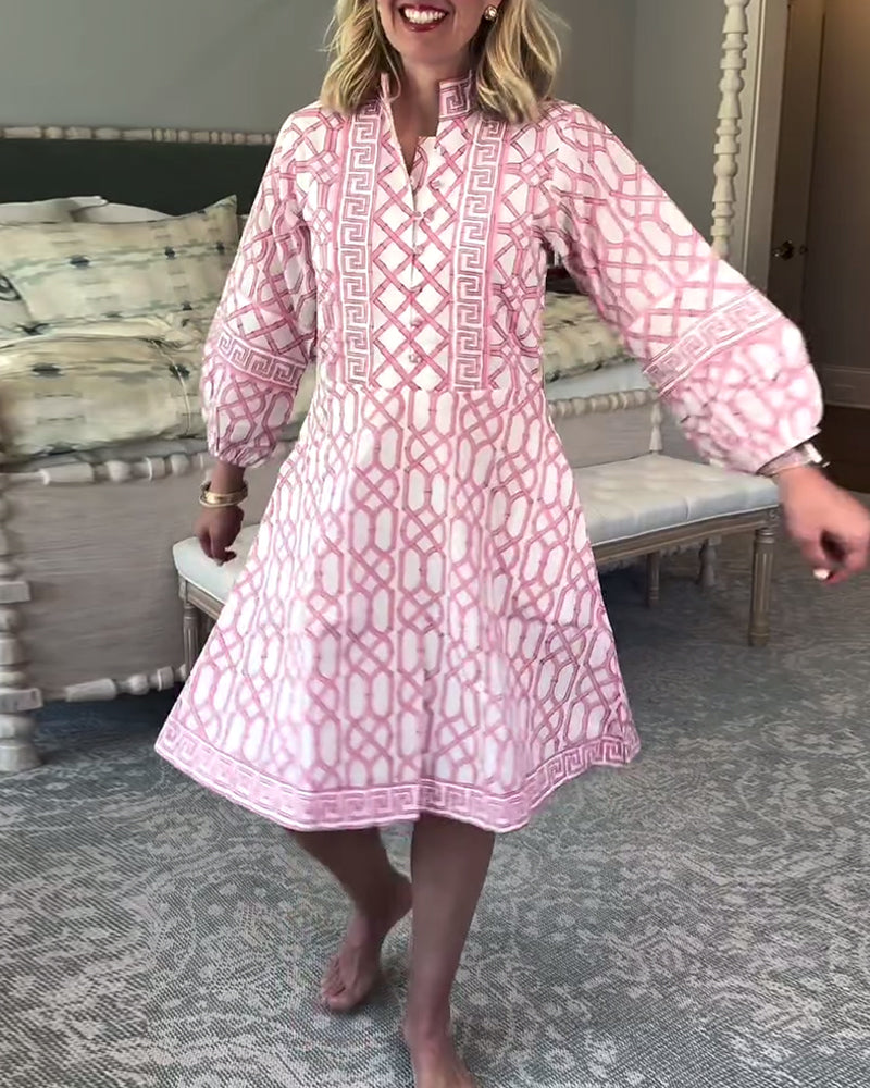 Loses Kleid mit Laternenärmeln, Stehkragen und Print