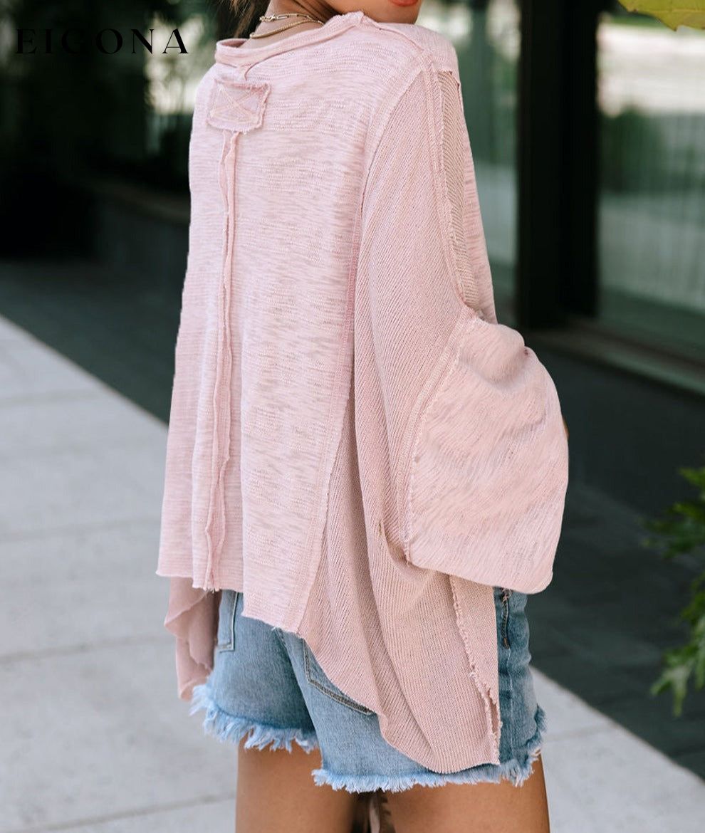Pink Exposed Seam Chest Pocket Loose Sleeve Oversized Top clothes Color Pink Craft Patchwork Early Fall Collection EDM Monthly Recomend Fabric Ribbed long sleeve top Occasion Daily Print Solid Color Season Fall & Autumn Style Southern Belle top tops