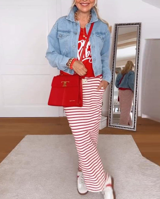 Casual Letter Print Striped Skirt Set