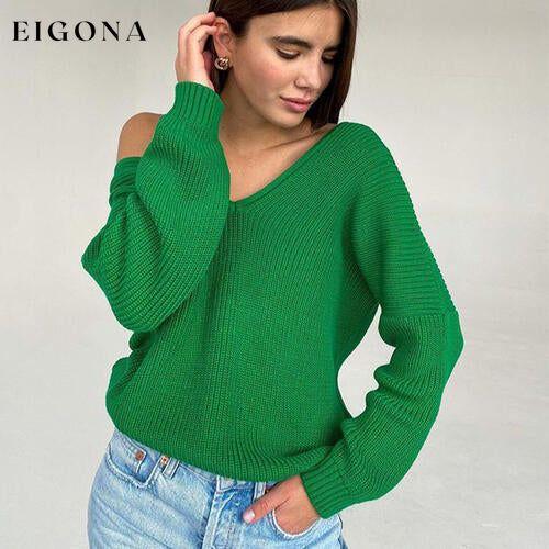V-Neck Dropped Shoulder Long Sleeve Sweater Mid Green clothes Ship From Overseas Sweater sweaters Sweatshirt T*Y