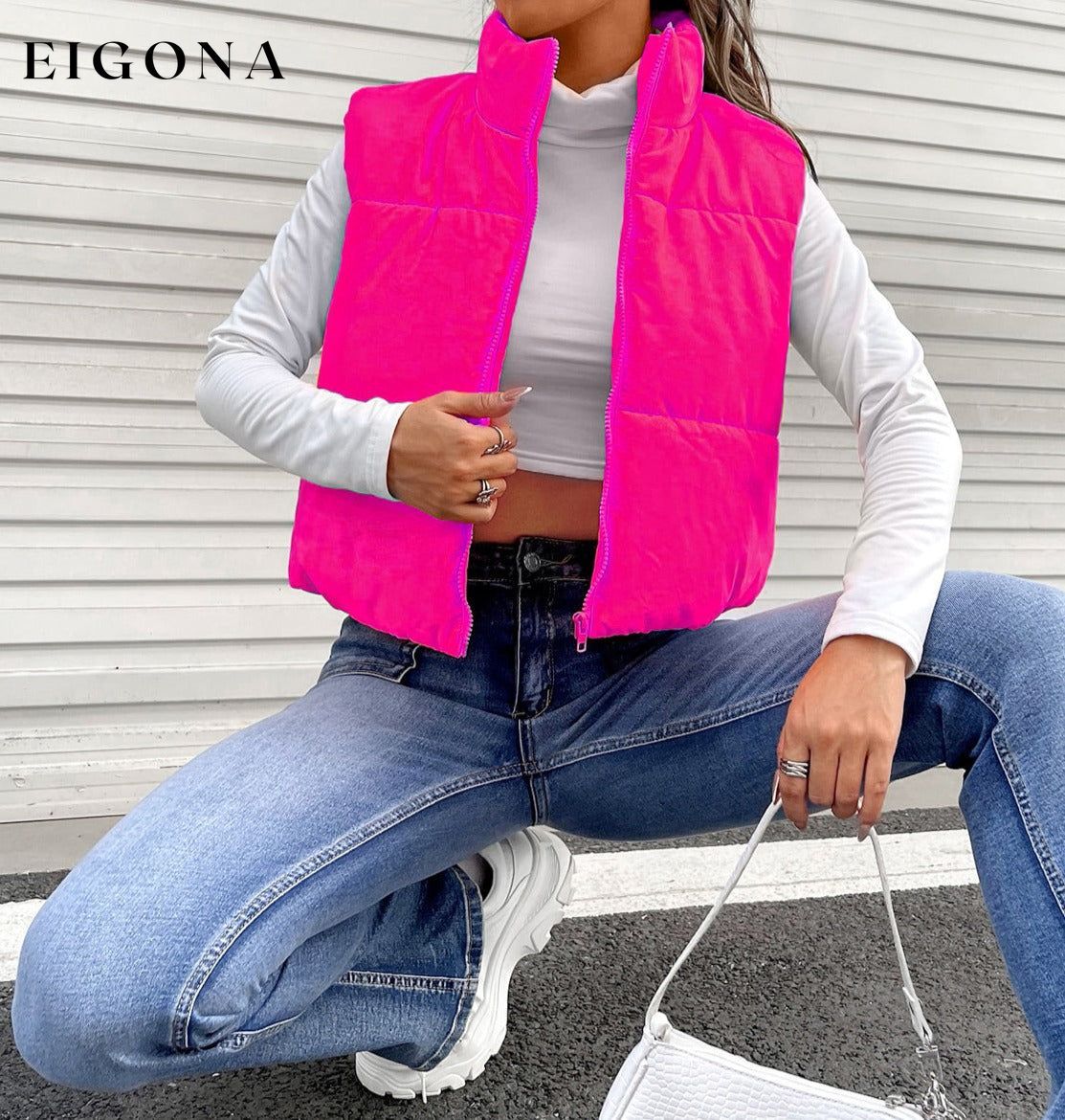 Zip-Up Puffer Vest Hot Pink clothes puff vest Q@M Ship From Overseas Shipping Delay 09/29/2023 - 10/03/2023 vest