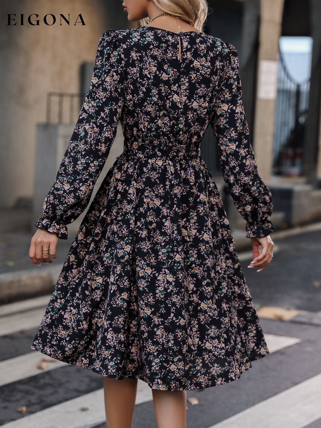 Printed Tie Belt Balloon Sleeve Dress clothes dress dresses Hanny long sleeve dresses Ship From Overseas Shipping Delay 09/29/2023 - 10/04/2023 trend