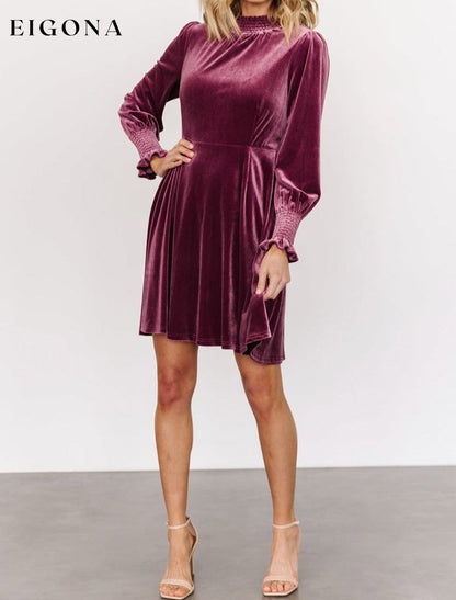 Burgundy Long Sleeve Dress, Smocked High Neck Flounce Sleeve Velvet Dress All In Stock casual dresses clothes Color Pink Day Valentine's Day dress dresses EDM Monthly Recomend Fabric Velvet long sleeve dress long sleeve dresses Occasion Daily Print Solid Color Season Winter short dresses Silhouette A-Line Style Southern Belle