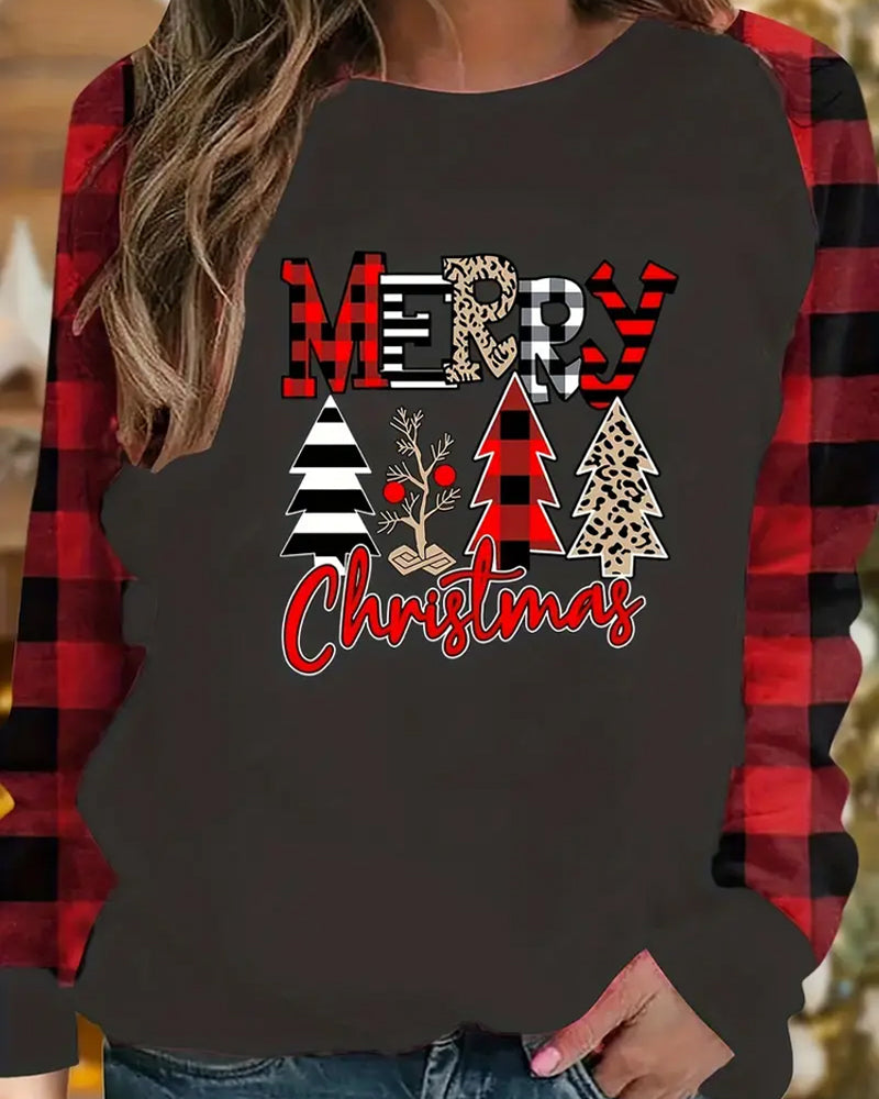 Cozy Plaid Raglan Long Sleeve Loose Fit Casual Print Sweatshirts 2024 f/w christmas sweatshirts