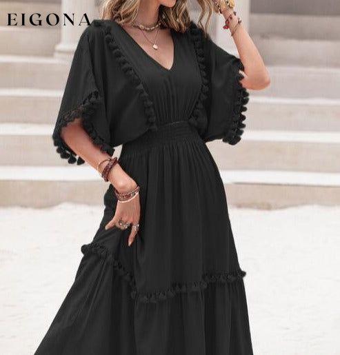 Tassel Trim Smocked V-Neck Short Sleeve Maxi Dress Black casual dresses clothes dress dresses H.R.Z long sleeve dress maxi dress Ship From Overseas short dress short sleeve short sleeve dress short sleeve dresses