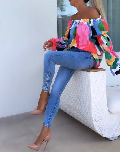 Bunt bedrucktes One-Shoulder-Casual-Top