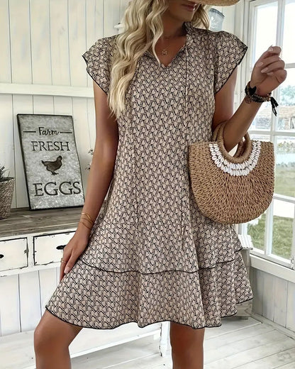 Ruffled Geometric Print Tie Dress