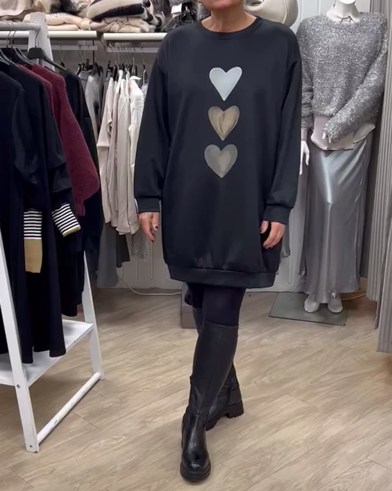 Casual Heart Pattern Shift Dress Black 2024 f/w 2025 Valentine's Day 2025 Cotton and Linen casual dresses