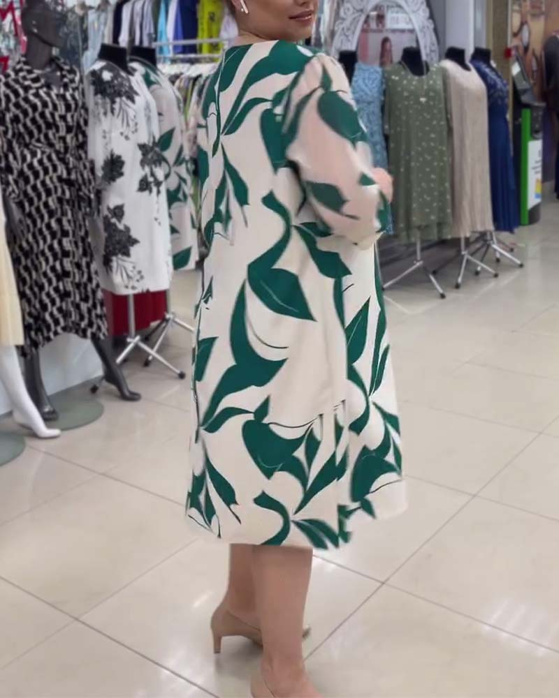 Casual leaf print round neck loose dress 2024 f/w casual dresses spring