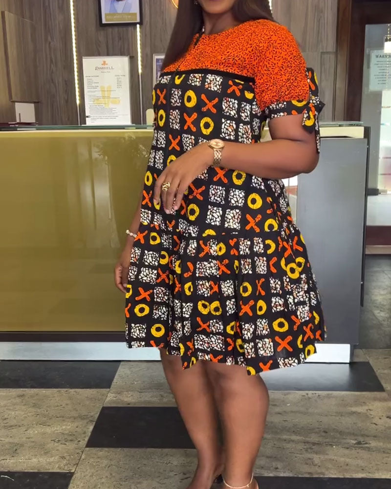 Half-Zip Vintage Contrast Print Dress