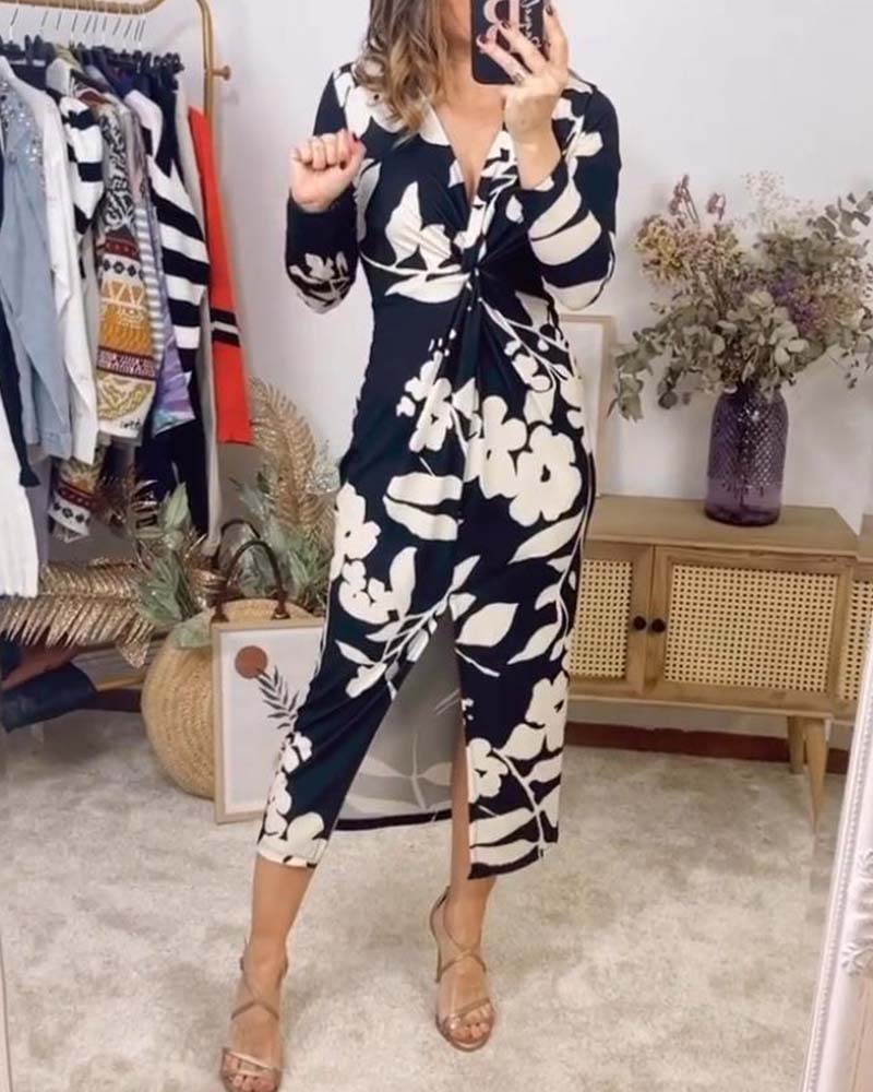 Fashion floral print V-neck twist long sleeve dress 202466 casual dresses spring summer