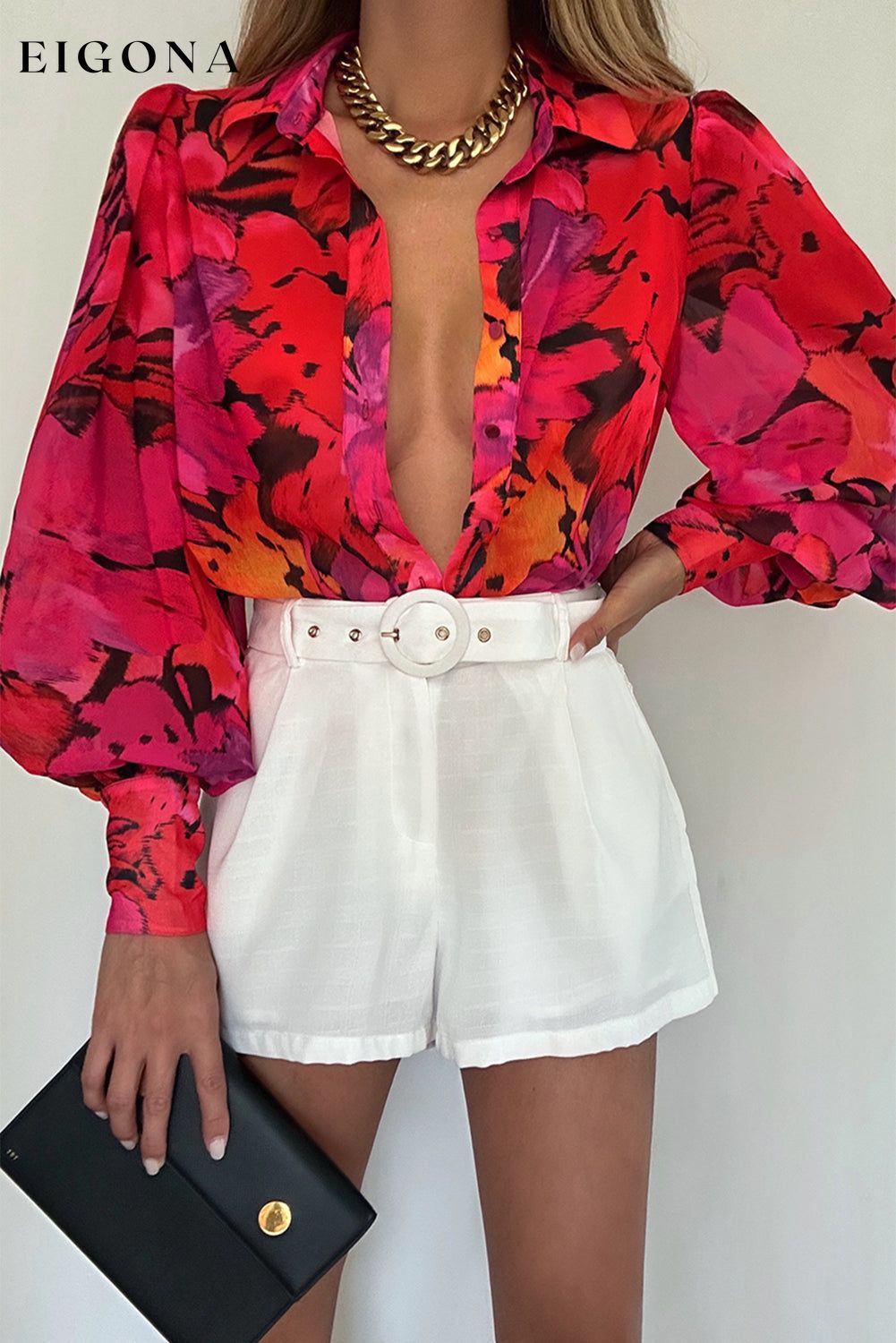 Red Floral Print Lantern Sleeve Shirt Red 100%Polyester All In Stock clothes clothing long sleeve shirts long sleeve top Occasion Daily Print Floral Season Spring shirt shirts Style Elegant top tops