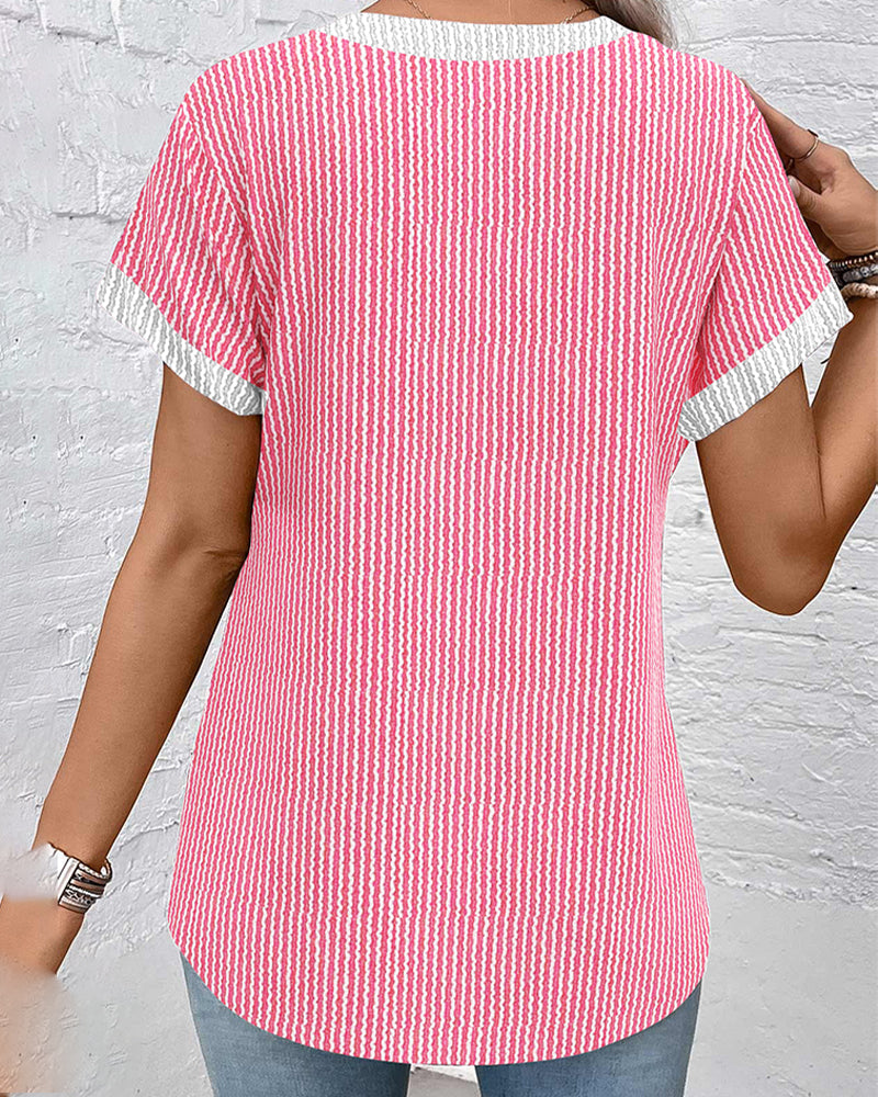 Stand-Up Collar Short-Sleeved Striped Blouse