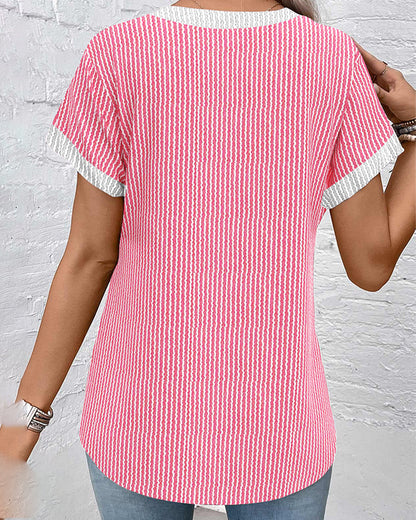 Stand-Up Collar Short-Sleeved Striped Blouse
