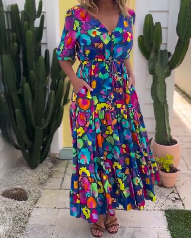 Kleid mit Laternenärmeln, Kordelzug und V-Ausschnitt