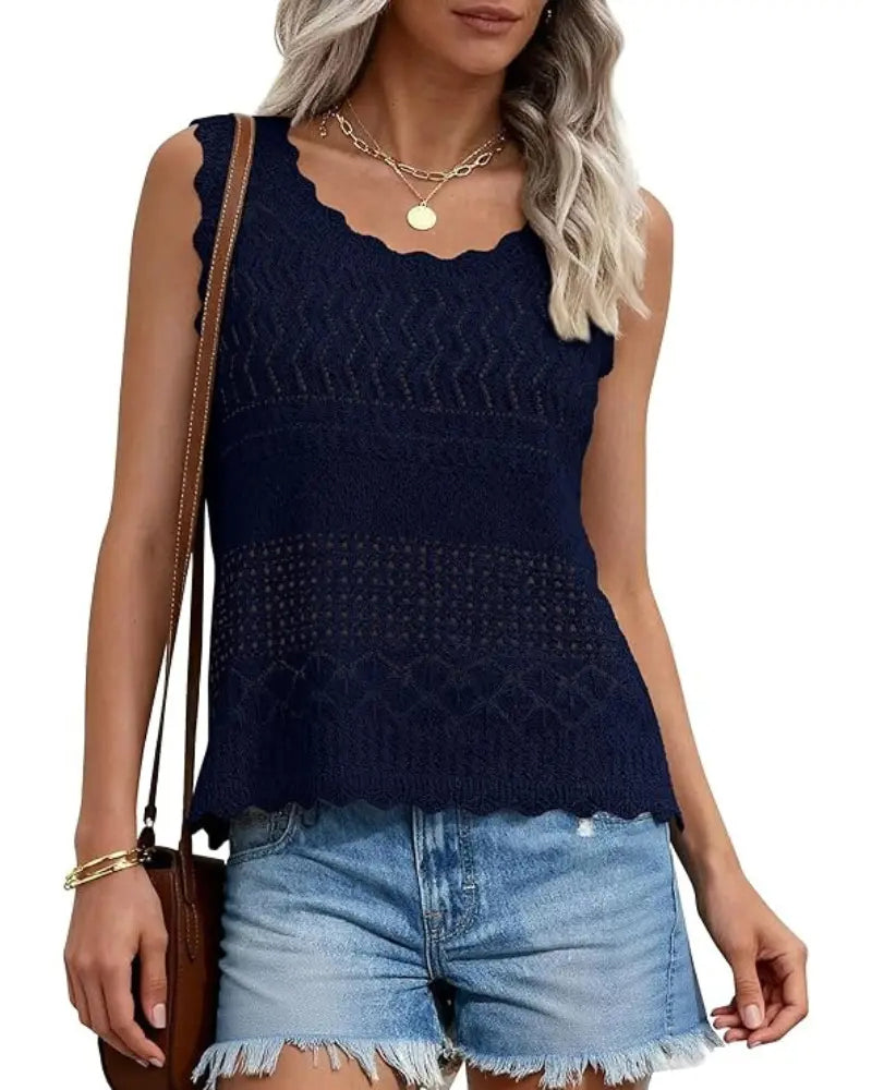 Hollow-Out Wavy Edge Sleeveless Tank Top
