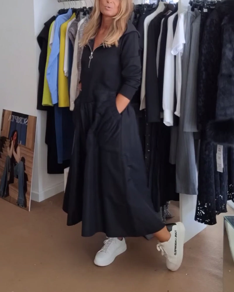Casual Zipper Hooded Patchwork Pocket Dress