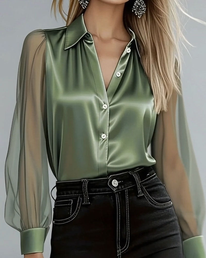 Lapel Collar Mesh Patchwork Long Sleeve Shirt