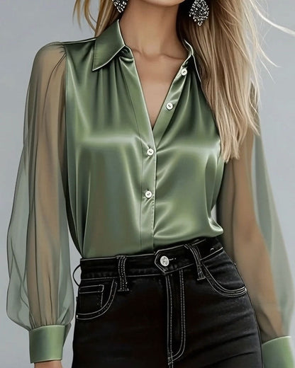 Lapel Collar Mesh Patchwork Long Sleeve Shirt