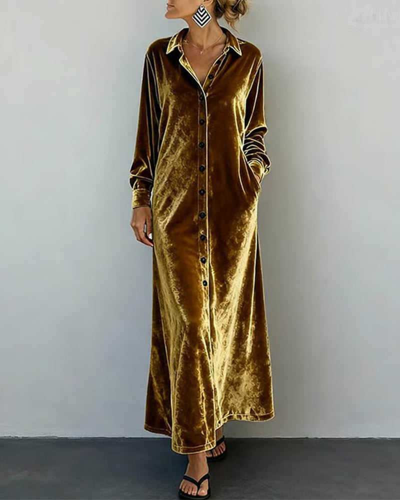 Solid Color Collared Velvet Shirt Dress