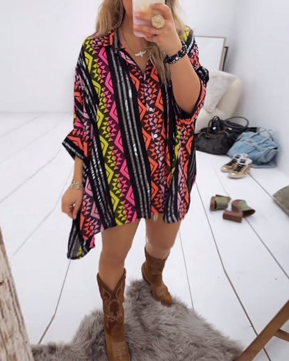 Lockere Bluse mit Revers und Print