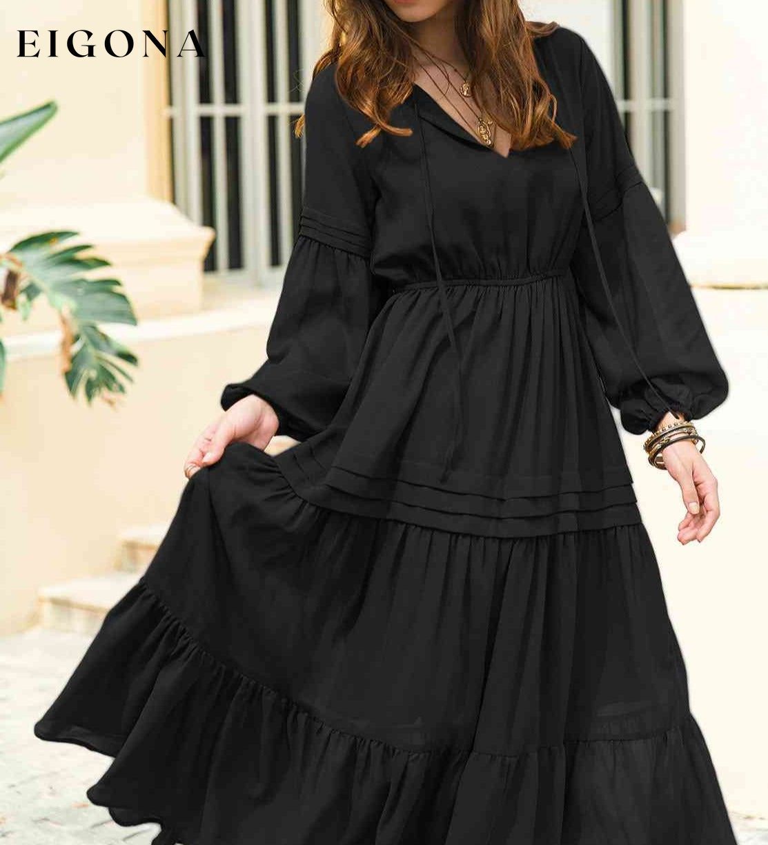 Tie Neck Long Sleeve Midi Tiered Dress clothes H.R.Z Ship From Overseas