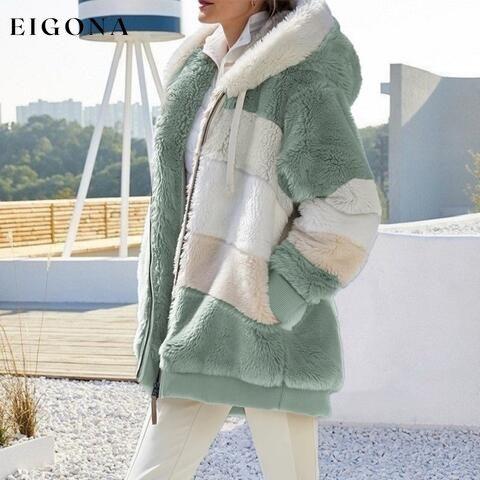 Color Block Zip-Up Hooded Jacket Light Green clothes Ship From Overseas Y#M#L