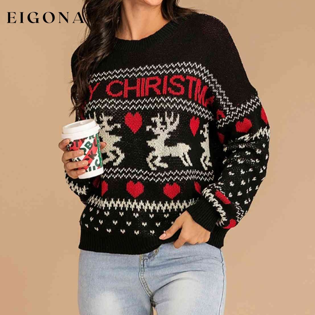 MERRY CHRISTMAS Round Neck Sweater Black christmas sweater clothes R@X Ship From Overseas Shipping Delay 09/29/2023 - 10/04/2023