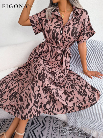 Printed Collared Neck Short Sleeve Tie Waist Dress Dusty Pink B.J.S casual dress casual dresses clothes dress dresses midi dress Ship From Overseas short sleeve short sleeve dress