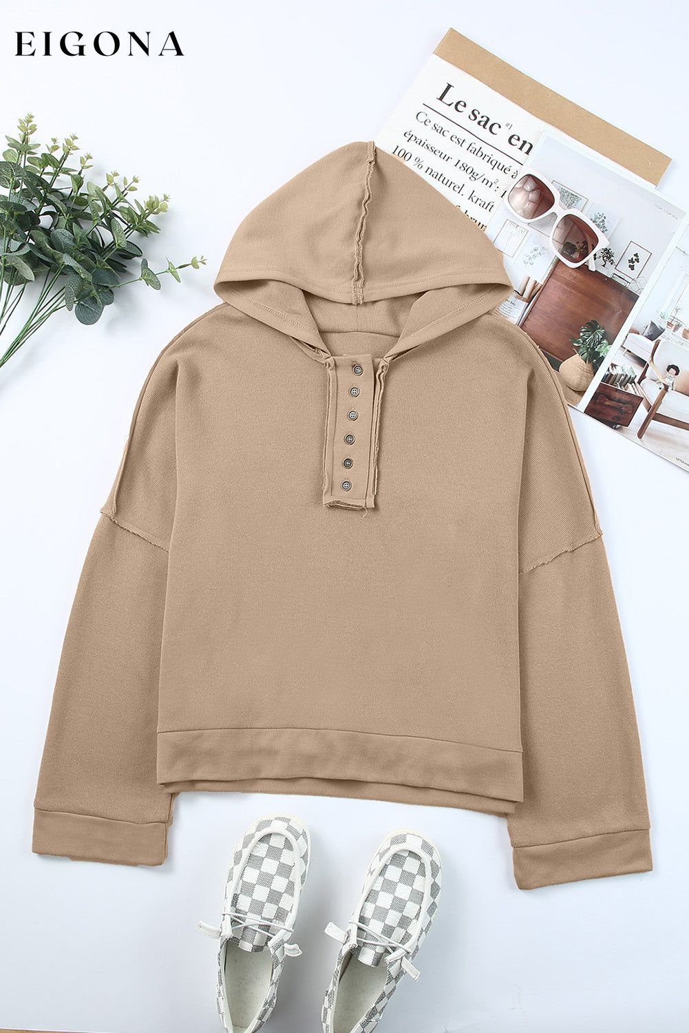 Casual Button Solid Patchwork Trim Hoodie All In Stock clothes Color Khaki Craft Patchwork long sleeve shirts long sleeve top Occasion Daily Print Solid Color Season Fall & Autumn Style Casual Sweater sweaters Sweatshirt