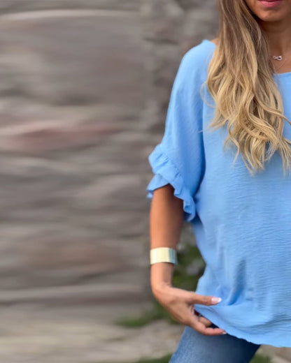 Short-Sleeved Crew Neck Textured Blouse