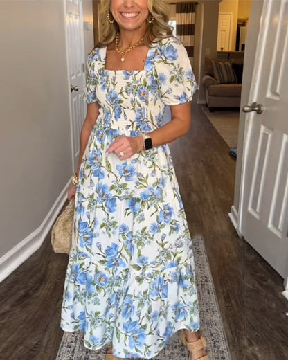 A-Linien-Kleid mit eckigem Ausschnitt, Plissee und Blumenmuster