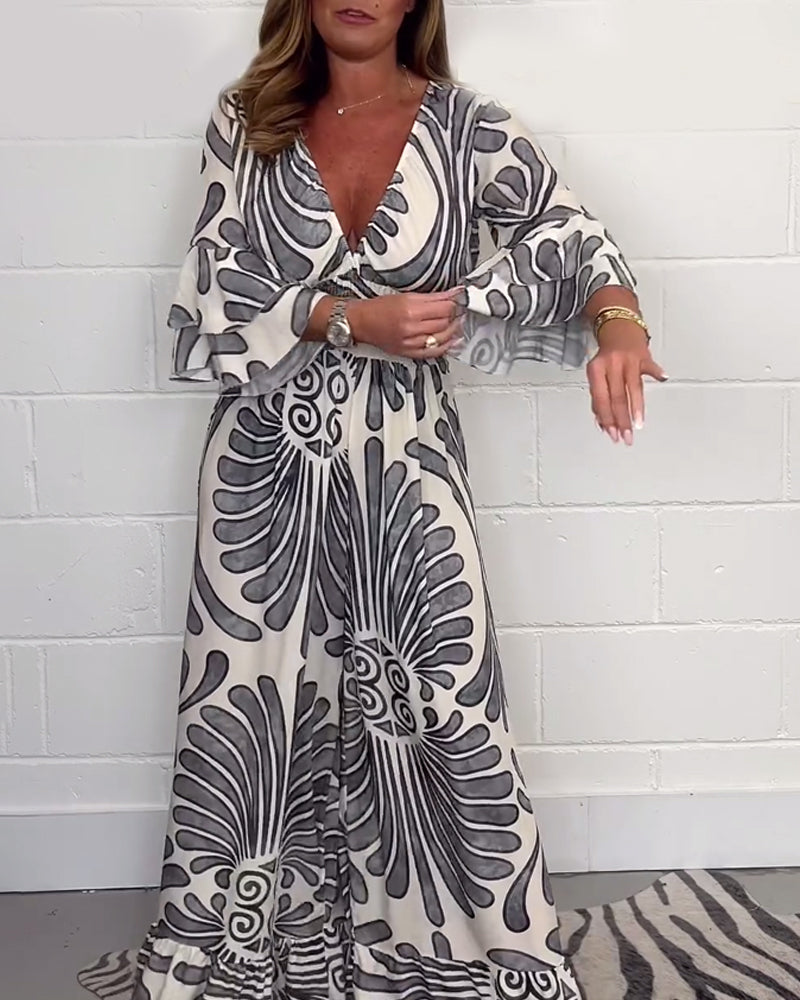 Deep V retro printed bell sleeve loose jumpsuit jumpsuits & rompers spring summer