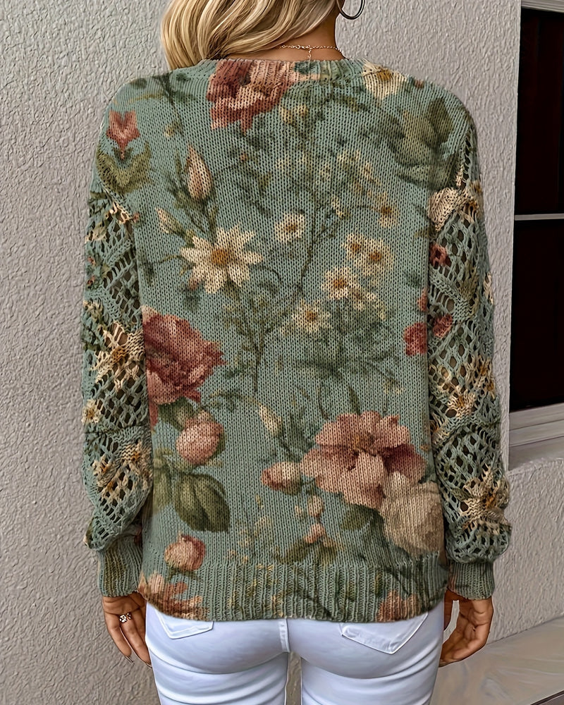 Jacquard V-Neck Hollow Long-Sleeved Pullover