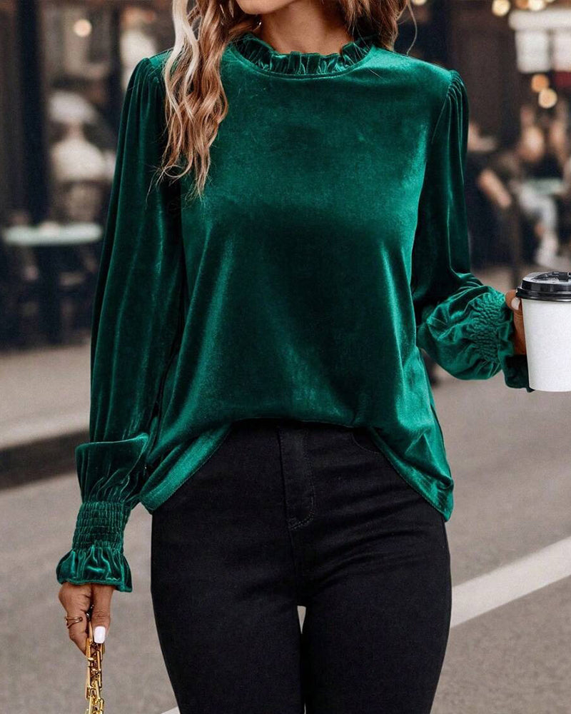 Ruffled Velvet Long Sleeve Top