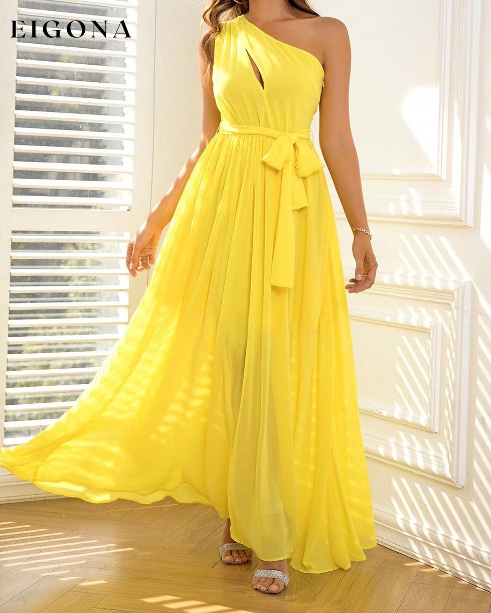 Cutout One-Shoulder Tie Waist Yellow Maxi Dress clothes dress dresses formal dress formal dresses maxi dress maxi dresses Ringing-N Ship From Overseas