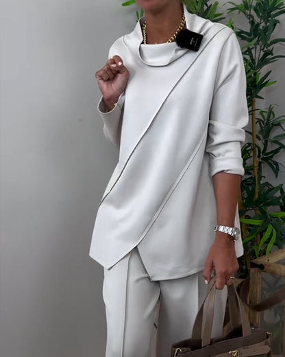 Draped Collar Irregular Long-Sleeved Top